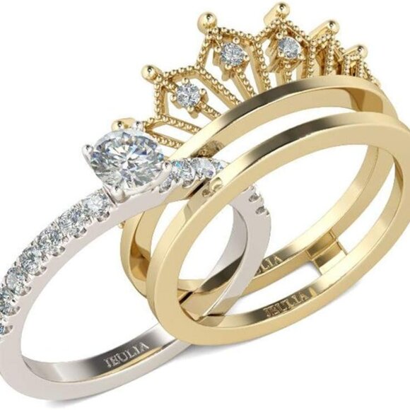 2 Carat Crown 925 Sterling Silver Ring For Women Crown Two Tone Round Cut Weddin